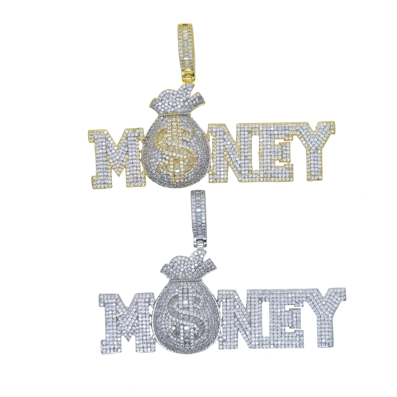 Gold Silver Color MONEY BAG Letter Pendant with Rope Chain Iced Out Cubic Zirconia Pendants Hip Hop Jewelry Gift for Women Men