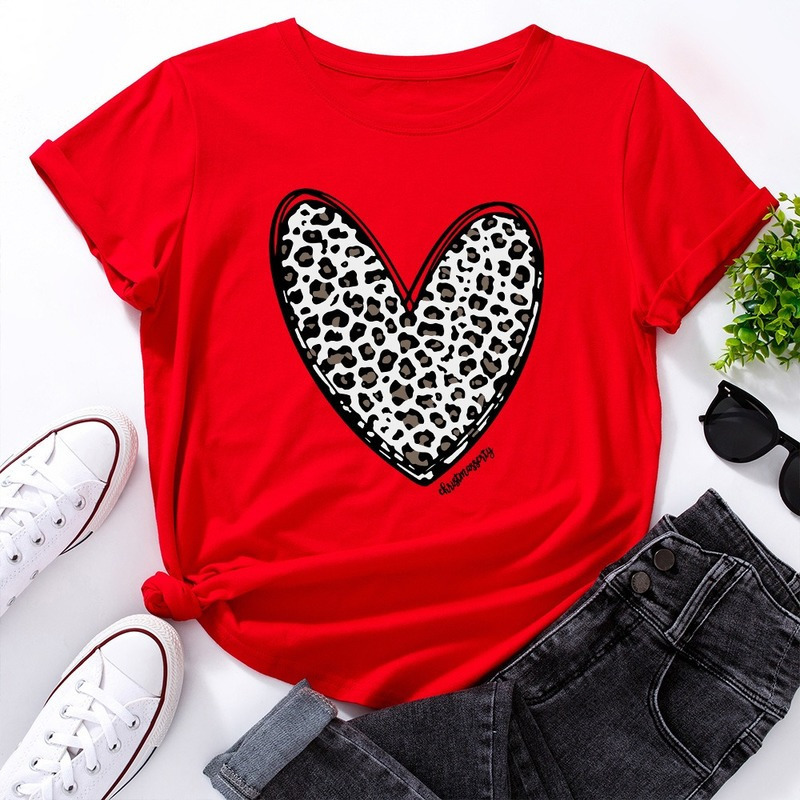 Summer Women Cotton 100% T Shirts Short Sleeve Fashion Heart Leopard Print Ladies Casual Graphic Clothes Female Regular Tee Tops 220321