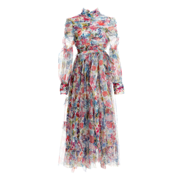 Women's Runway Dresses Stand Collar Long Sleeves Ruched Bodice Printed Elegant Fashion Party Prom Gown