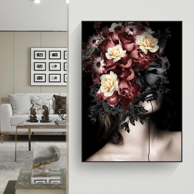 Modern Fashion Art Girl With Flower Poster Wall Art Pictures for Living Room Portrait Posters and Prints Canvas Painting Modern Home Decor