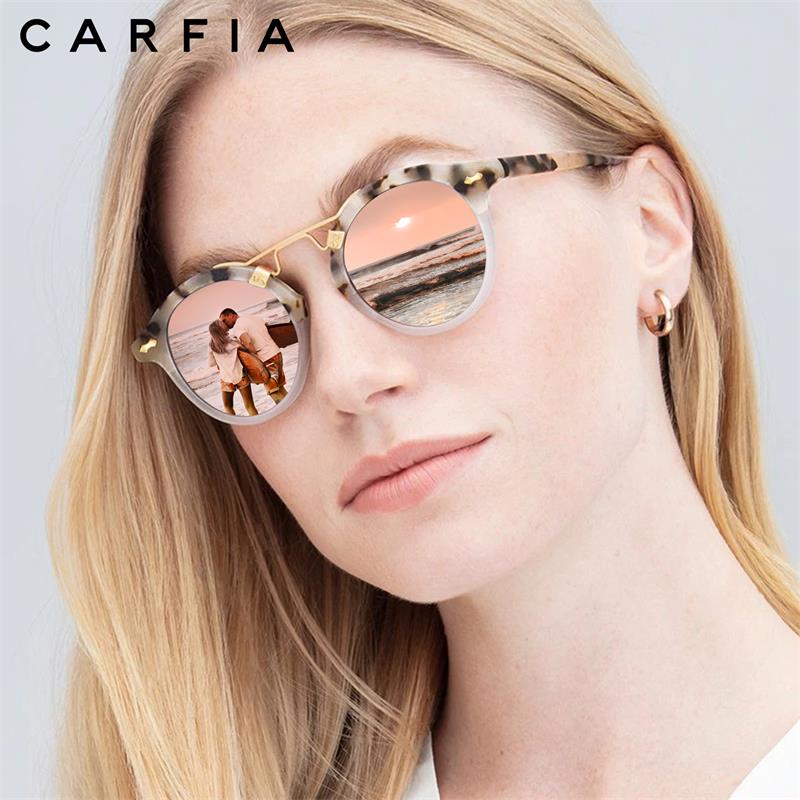 Carfia Small Acetate Polarized Sunglasses for Women, Mirrored Lens Retro Double Bridge Eyewear Metal Brow Round Sunnies