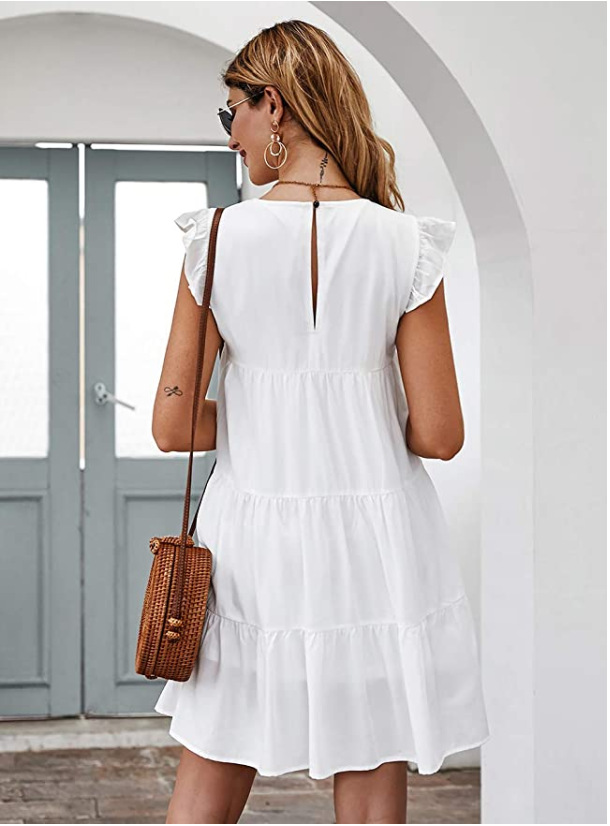 Women Summer Casual Dresses Sleeveless Ruffle Sleeve Round Neck Mini Dress Solid Color Loose Fit Short Flowy Pleated Dress