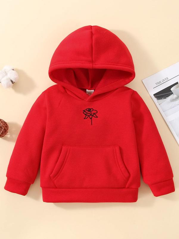 Baby Floral Embroidery Kangaroo Pocket Thermal Hoodie SHE