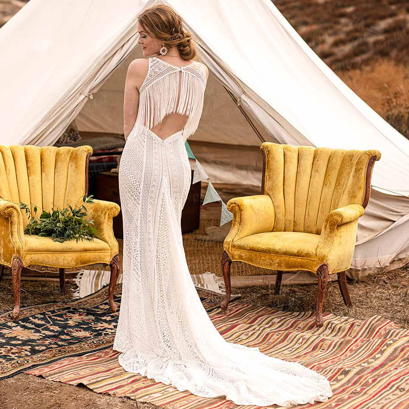 Mermaid Boho Bohemian Wedding Dress Deep V Neck Tank Open Back vintage crochet Lace pastrol country Bridal Gown Abito da sposa