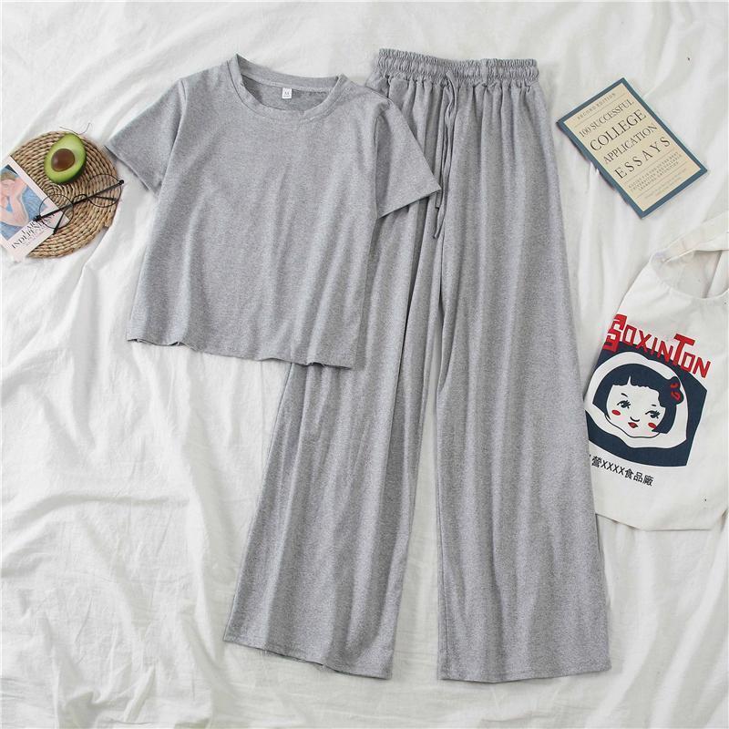 Women 2022 Summer Jogger Casual Simple Daily Sets Solid Tracksuit Short Sleeve Tops Wide Leg Pants 2Pcs Suits Sport Wear L201