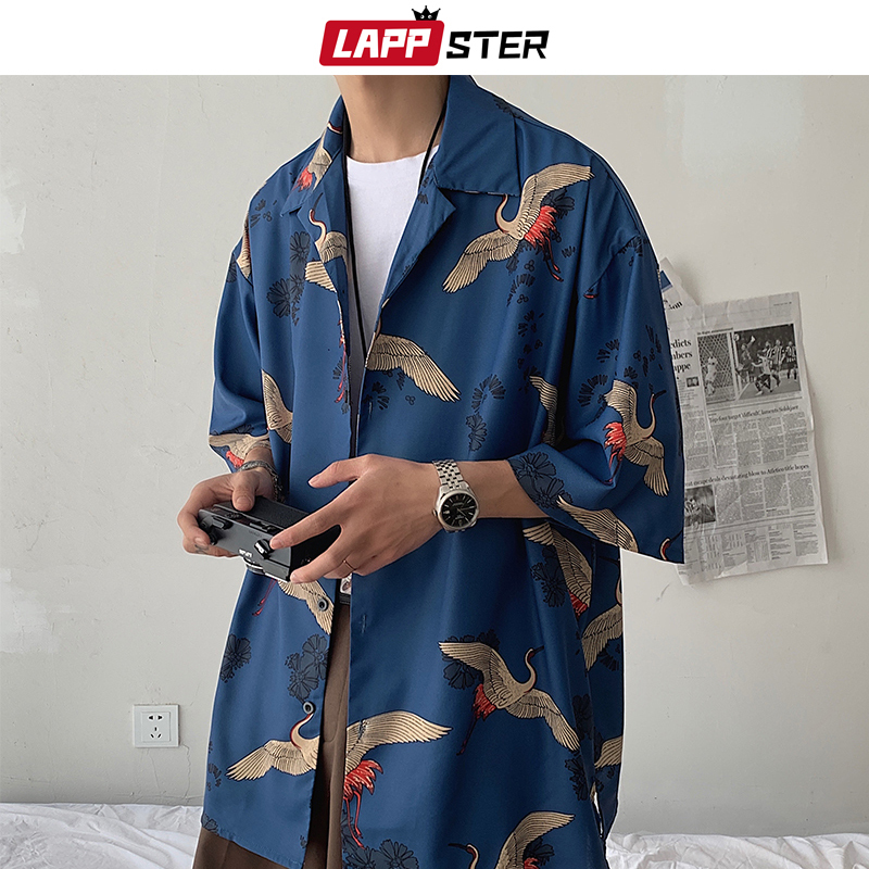 LAPPSTER Mens Crane Print Shirts Harajuku Summer Vintage Button Up Short Sleeve Male Korean Fashions Smooth Blouses 220322