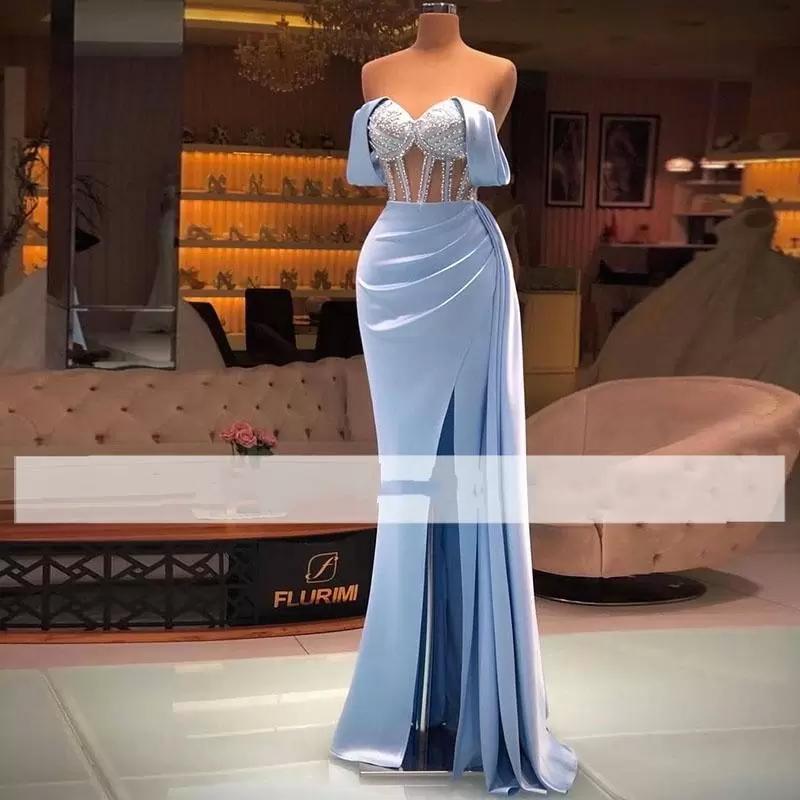 Pink Sexy Light Off Shoulder Mermaid Prom Dresses High Side Split Pearls Formal Evening Party Gowns For Women Satin Tail Dress Custom Made BC
