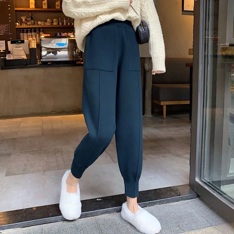 Women Autumn Winter Knitted Harem Pants Female Loose Solid Color Trousers Ladies High Waist Warm Granny Casual 220325
