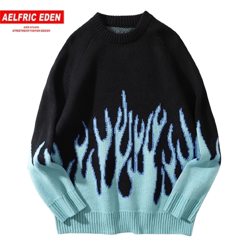 Aelfric Eden Hip Hop Sweater Pullover Men Blue Fire Flame Knitted Sweater Harajuku Streetwear Tops Casual Couple Sweater Black 201125