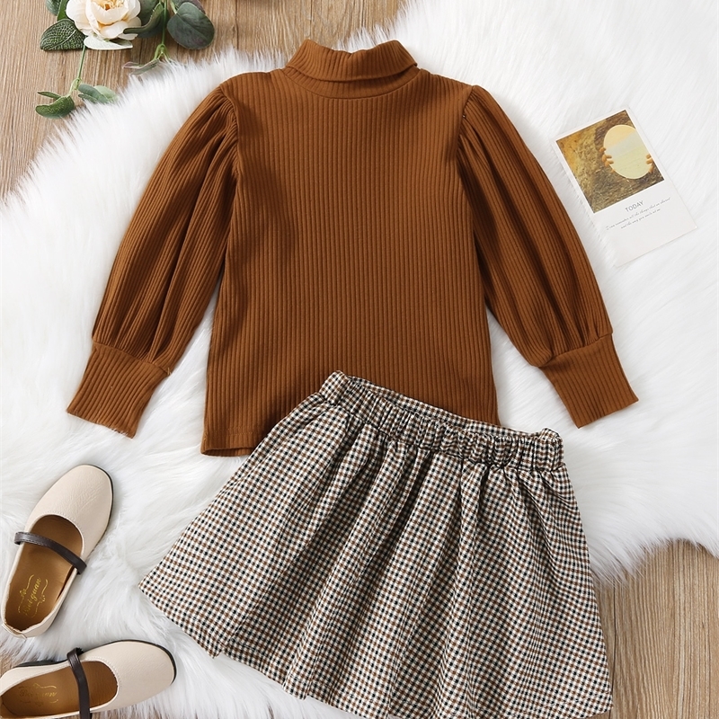 Girls Rib-knit High Neck Tee & Plaid Pleated Skirt SHE