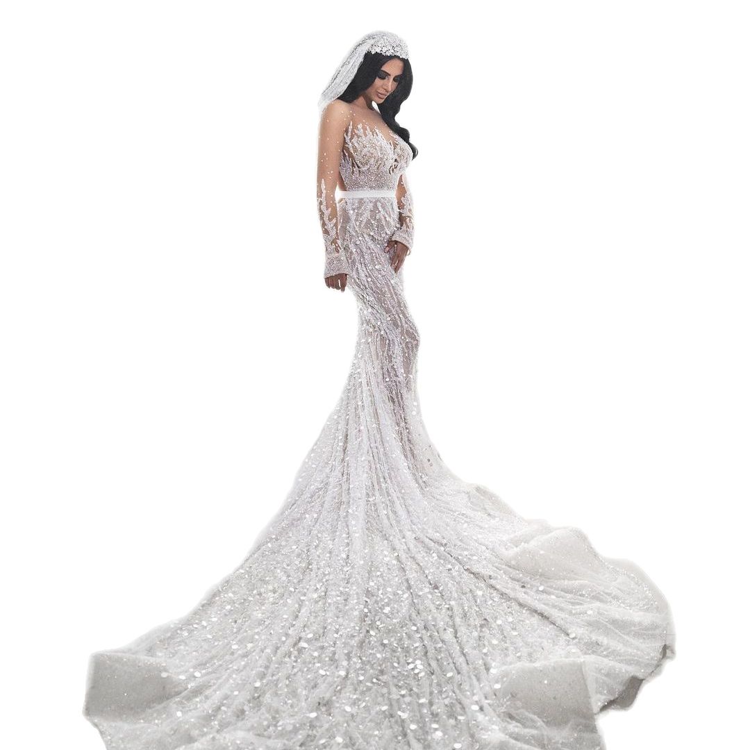 Illusion Sparkly Mermaid Wedding Dress Beads Sheer Neck Long Sleeve Bridal Gowns 3D Lace Appliques Bride robes de mariée
