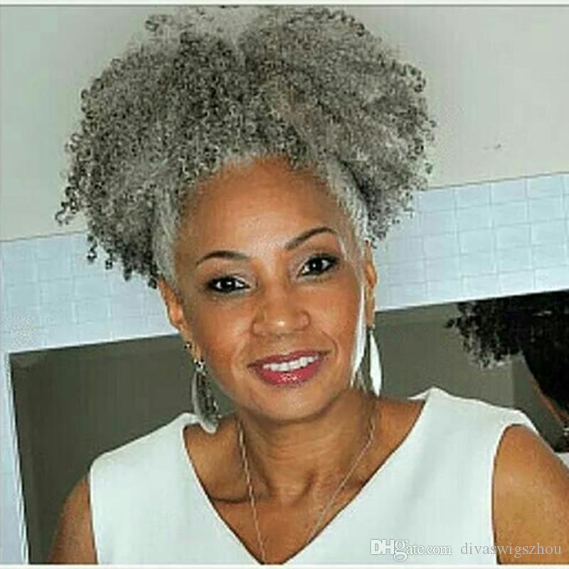 Women silver grey hair extension salt&pepper gray afro puff kinky curly drawstring human hair ponytaisl hairpiece clip in updo bun chignon pony tail 8