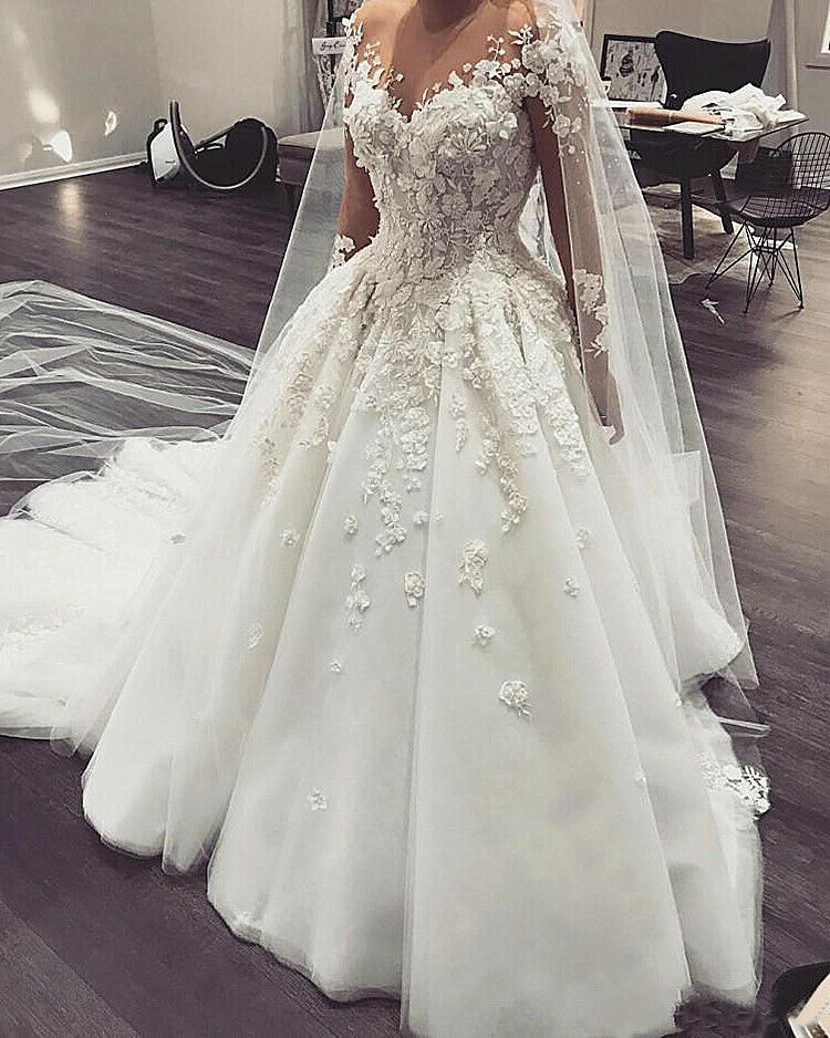 Romantic Floral Lace A Line Wedding Dress Sheer Long Sleeve Pearls Beaded Bridal Gowns Appliques Elegant Bride Ivory Tulle Country Wedding Dresses Rob