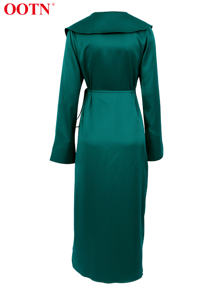 OOTN V-Neck Satin Wrap Elegant Long Dress Women Fashion Green Summer A-Line Mid-Cal Dresses Split Sexy Dress Office Lady 220511