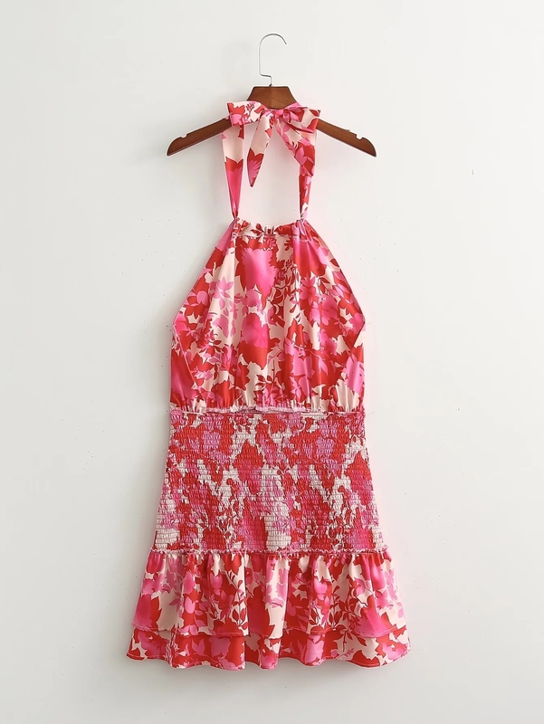 Sexy Red Floral Print Backless Summer Women Boho Mini Dress Bodycon Sleeveless Beach Lace Up Bowknot Drop Dress Sundress 220511
