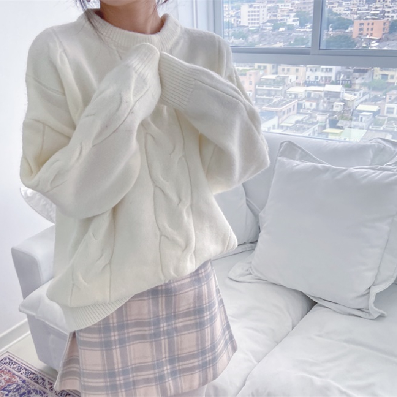 Winter Womens Clothing Sweater Korean Fashion Loose Vintage Lazy Wind Blue Crew Neck Pullover Long Sleeves Knitting Tops W220817