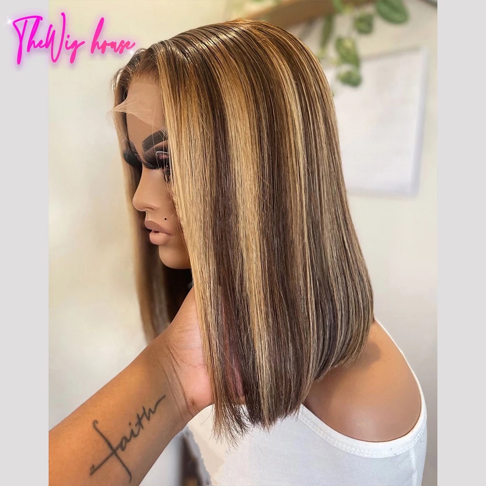 Highlighted Brown Short Bob Wig Straight Lace Frontal Wigs For Black Women Synthetic Closure Wigs Daily Party