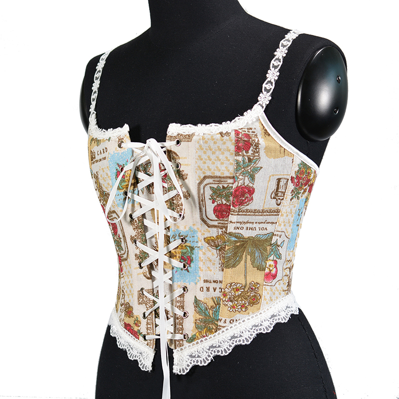 Women Bloom Garden Printed Lace Camis Bustier Crop Fashion Linen Tanks Vintage Plastic Boned Overbust Cropped Corset Tupe Tops Cyber Baby Tee Ropa Fai