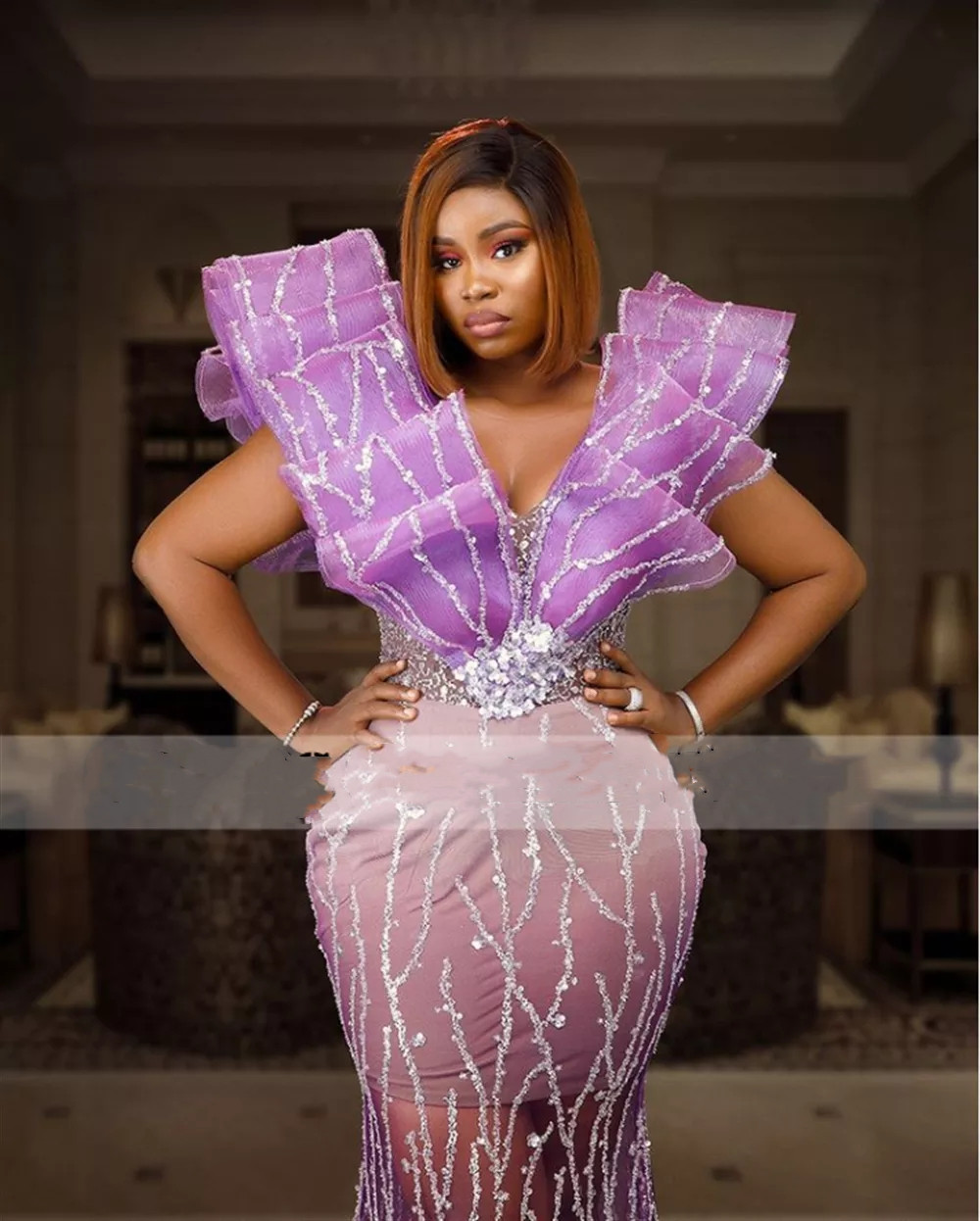 Aso Ebi Light Purple Mermiad Prom Dresses For Black Girls 2022 Sexy V Neck Plus Size See Through Bottom Formal Evening Ocn Gowns 0431