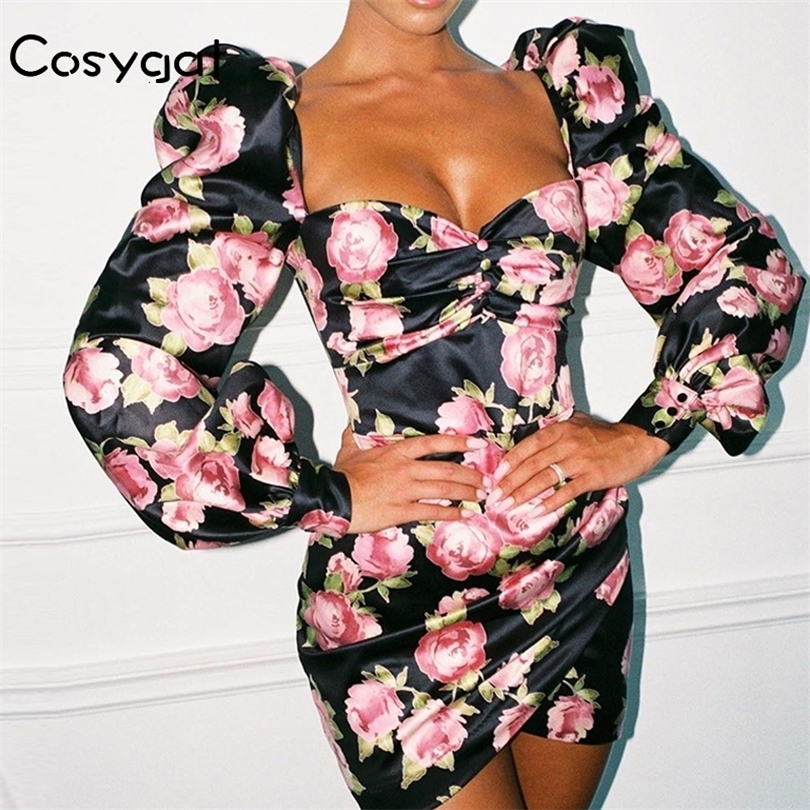 COSYGAL Ruched Autumn Bodycon Floral Printed Satin Dress Women Long Puff Sleeve Milkmaid Party Dress Vintage Winter Sexy Dress 201008