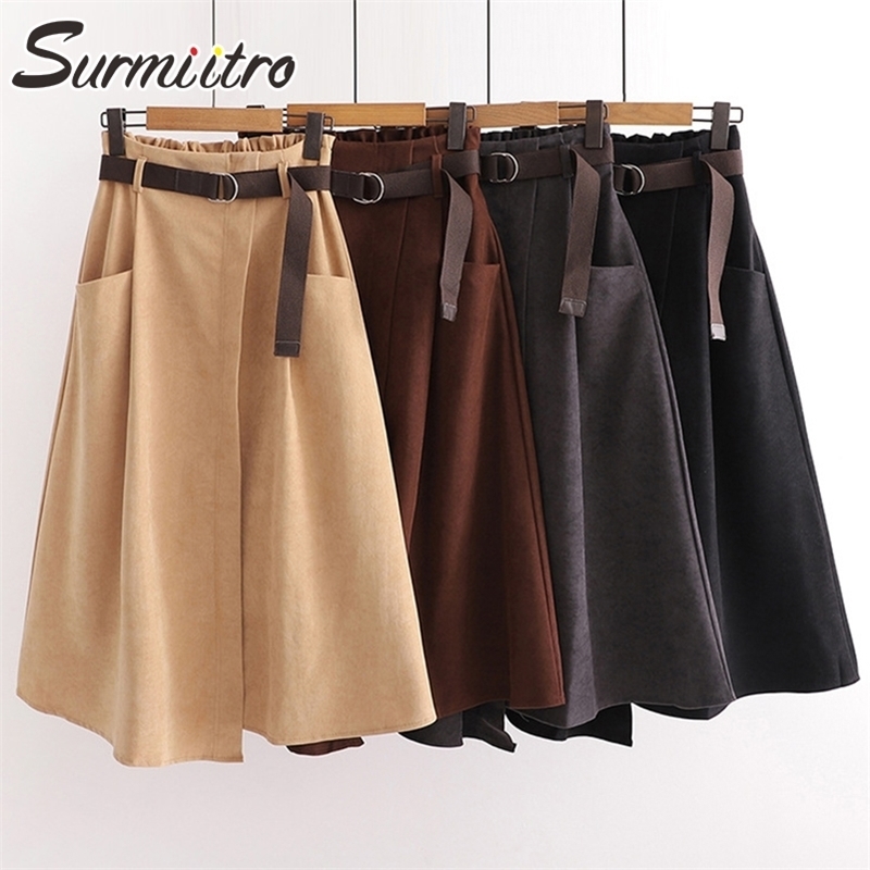 SURMIITRO Spring Autumn Women Korean Style Super Quality Black Female High Elastic Waist School Midi Skirt With Belt 210306