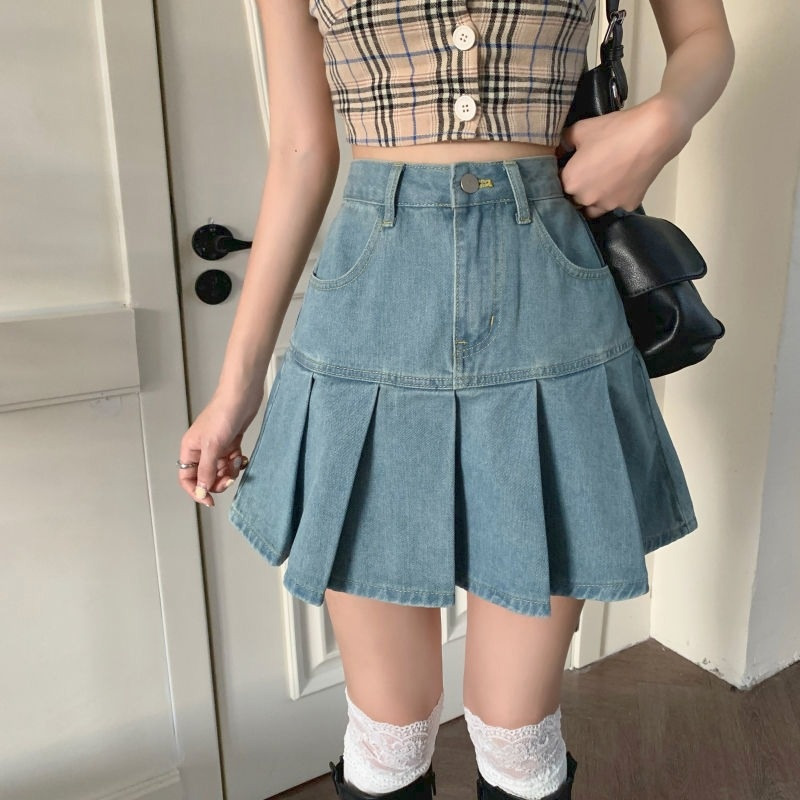 Casual Denim Mini Skirt Women Summer High-Waiste Harajuku Y2k Pleated Blue Japanese Korean Style Fashion Clothing 220317