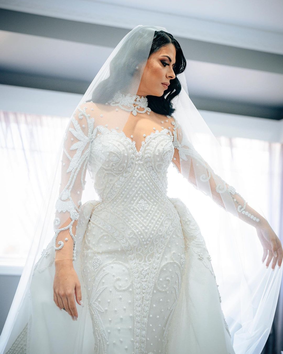 3D Floral Mermaid Wedding Dress 2022 Long Sleeve Sheer High Neck Sexy Backless Boho Dresses Bridal Gowns Robe De Mariage Vestido Novia