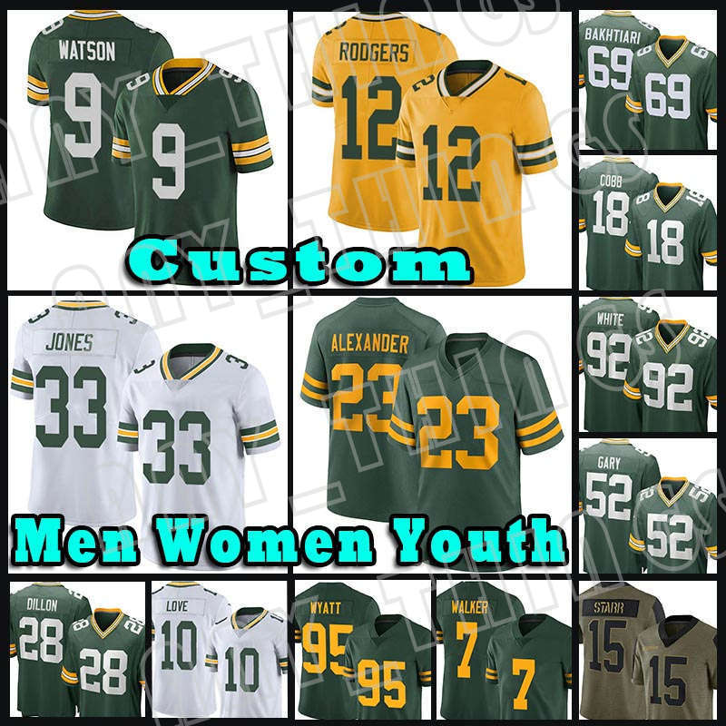 

23 Jaire Alexander 12 Aaron Rodgers Football Jerseys 33 Aaron Jones 9 Christian Watson 28 Dillon 52 Rashan Gary 10 Love 95 Devonte Wyatt 7 Quay Walker 92 Reggie White, Custom women(b z g)