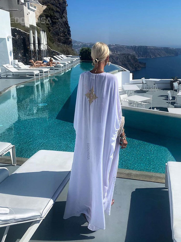 Elegant Gold Embroidered Kaftan Retro V-neck White Dress Plus Size Women Clothes Summer Beach Wear Swim Maxi Dresses N1373 220414