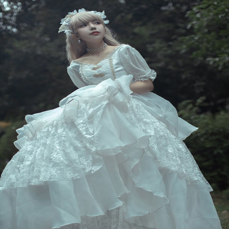 White Lace Gothic Wedding Dress 2022 Medieval Victorian Short Sleeve A Line Tiered Ruffles Country Wedding Gowns Costumes Bride Women Vestidos De Novi