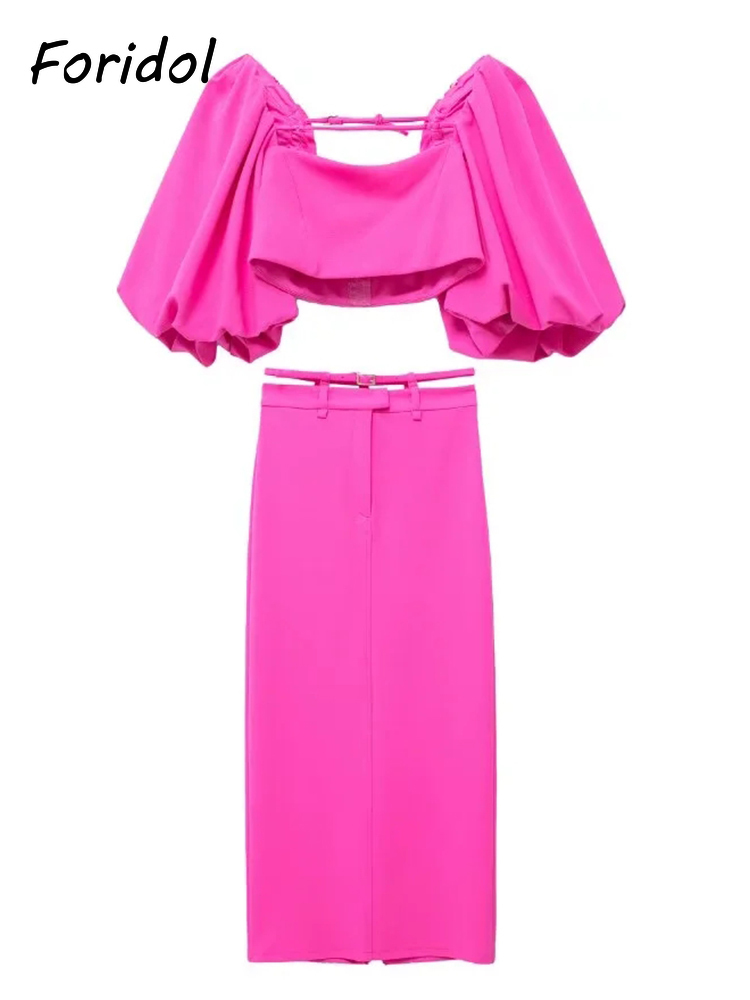 Rose Red Lantern Sleeve Vintage Women Dress Sets Elegant Buckle Strapy Straight Half Sleeve Backless Midi Party Dress Suits 220511