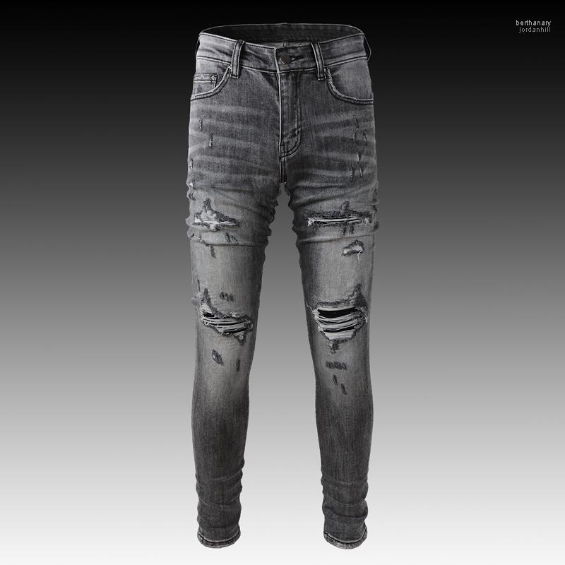 

Men's Jeans Streetwear Fashion Men Retro Dark Gray Elastic Slim Fit Destroyed Hole Ripped Brand Hip Hop Denim Pants Hombre Bert22
