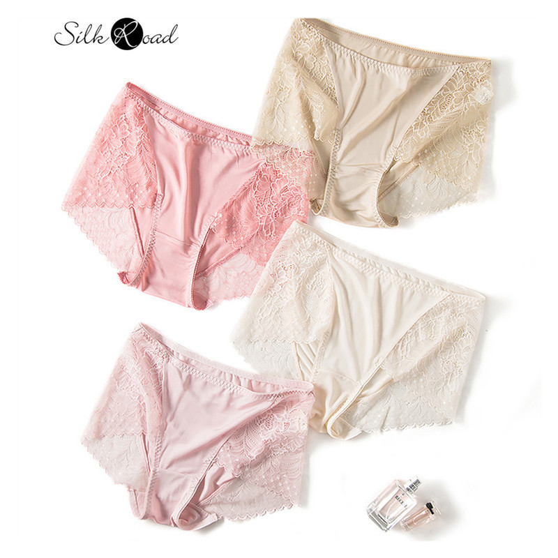 Silviye Three pieces of silk underwear womens mulberry silk lace edge sexy and comfortable buttock free mid waist briefs 201112