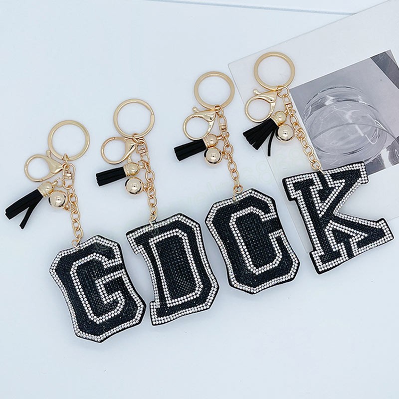 Women Keychain Alphabet Letter Rhinestone Leather Gold Color Keyring Charm Key Chain Accessories Female Car Bag Keyring Holder