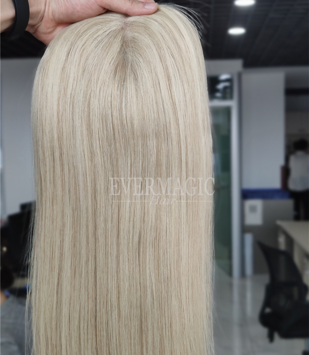 New Coming Stock Highlight Ash Blonde Virgin Human Hair Toppers Mono With Open Weft Base for Thinning Women
