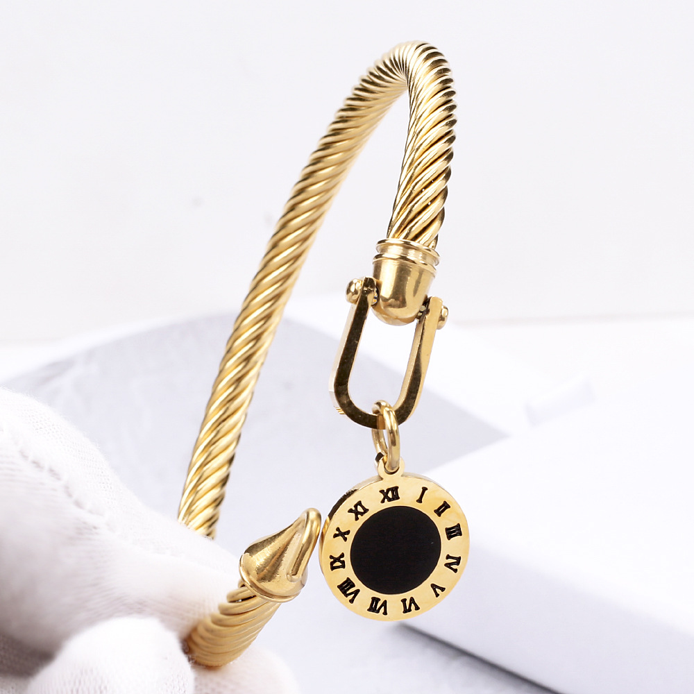 Design Bangle Braided Wire Rope Horseshoe Buckle Stainless Bracelet Female Titanium Steel Electric 18k Gold Elastic Roman Tag Bracelet Hip Hop Jewelry
Design Bangle Braided Wire Rope Horseshoe Buckle Stainless Bracelet Female Titanium Steel Electric 18k Gold Elastic Roman Tag Bracelet Hip Hop Jewelry