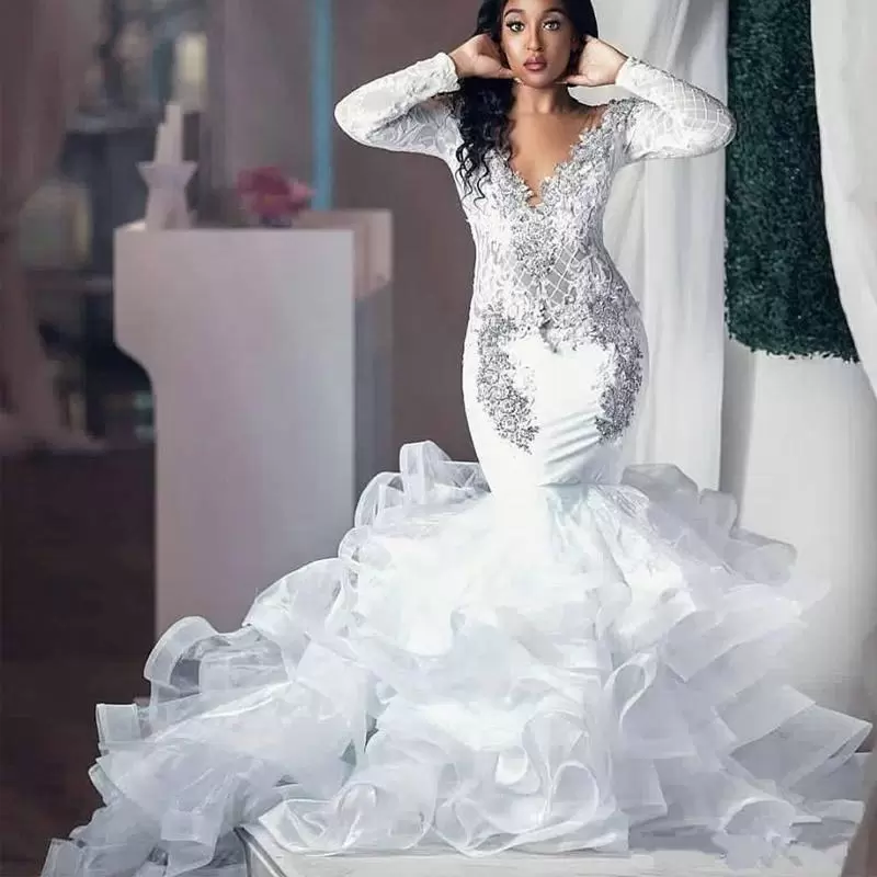 Sexy V Neck Lace Crystal Tiered Skirt Ruffles Trumpet Arabic Garden Wedding Gowns Sparkly Long Sleeve Mermaid Wedding Dresses, White
Sexy V Neck Lace Crystal Tiered Skirt Ruffles Trumpet Arabic Garden Wedding Gowns Sparkly Long Sleeve Mermaid Wedding Dresses, White