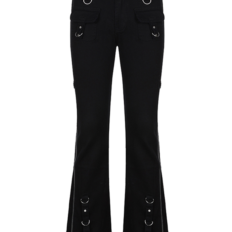 Sweetown Rivet Goth Black Jeans Dark Academic Girl Techwear Side Zipper Low Waist Straight Denim Trousers Women Streetwear 220815