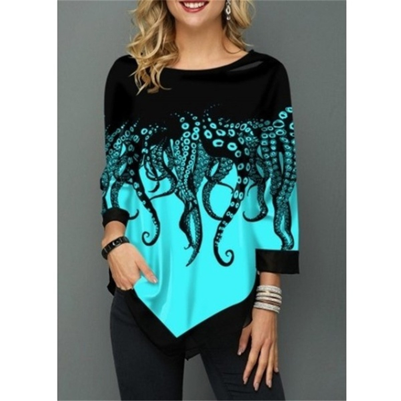 Spring Summer 3/4 Sleeve Print T-Shirts Irregular Women Clothing Fashion Casual Plus Size Loose Pullovers Tee Shirt Femme Tops 220328