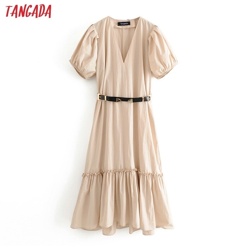 Tangada fashion women solid summer dress with belt new arrival short sleeve Ladies Loose midi Dress Vestidos 3H338 T200603