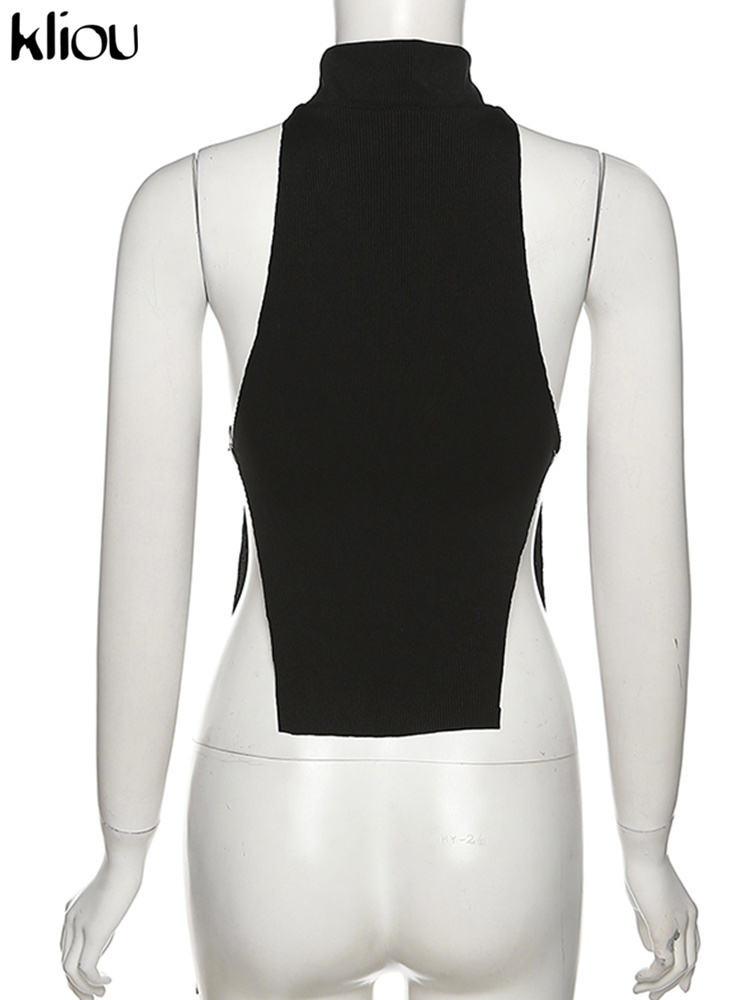 Kliou Sexy X-Long Special Tops Women Turtleneck Sleeveless Cleavage Chian Vest Female Party Clubwear Girl Hipster Streetwear 220325