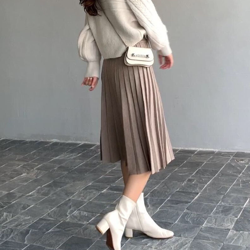 Lucyever Spring Autumn Knitted Skirt Women Fashion High Waist Pleated Midi Skirts Female Elegant Chic Solid A Line 220317