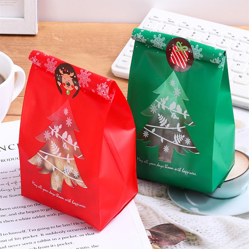 

Gift Wrap 50Pcs Kraft Craft Christmas Plastic Bags Xmas Candy Packing Bag Tree Snowflake Santa Claus Year Party