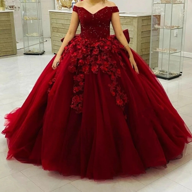 Dark Red Flowers Princess Quinceanera Dresses With Big Bow Back 3D Floral Glitter Sequined Top Off Shoulder Prom Ball Gown Sweet 15 16 Years Formal Pa