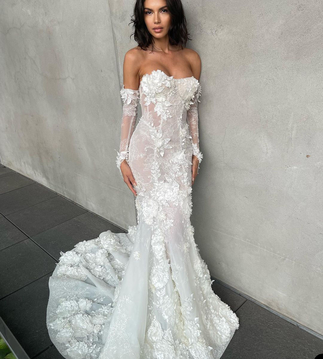 White Wedding Dresses Mermaind Ball Gown Straplessr Applique Bridal Gowns Long Sleeve Sweep Train Wedding Dress Vestidos De Novia
