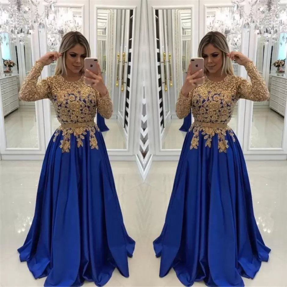 Royal 2022 Gold Blue Prom Dresses With Long Sleeves Jewel Neck A Line Custom Made Beaded Embroidery Satin Plus Size Evening Party Gown Formal Wear Ves