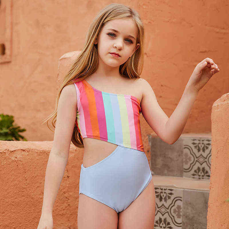 5-14 Years Girls Striped Print Bikini Holiday Cute One-piece Swimsuit Bathing Suit Hollow High Waist Kid Beach Swimwear 2022 Y220422