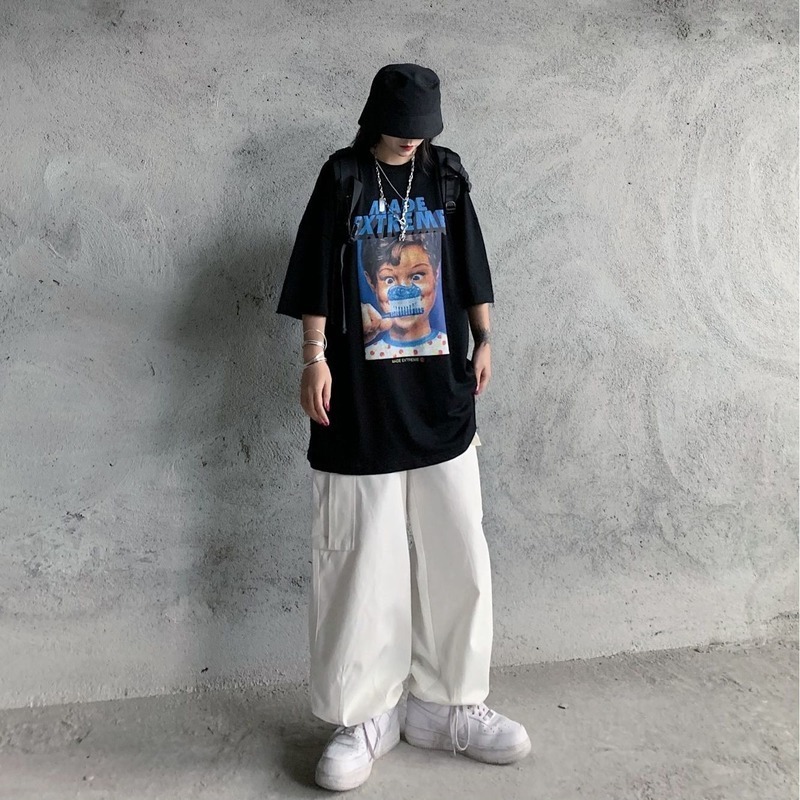 QWEEK Harajuku White Cargo Pants Women Vintage HIgh Waist Hip Hop Streetwear Pockets Straight Joker Black Trousers For Female