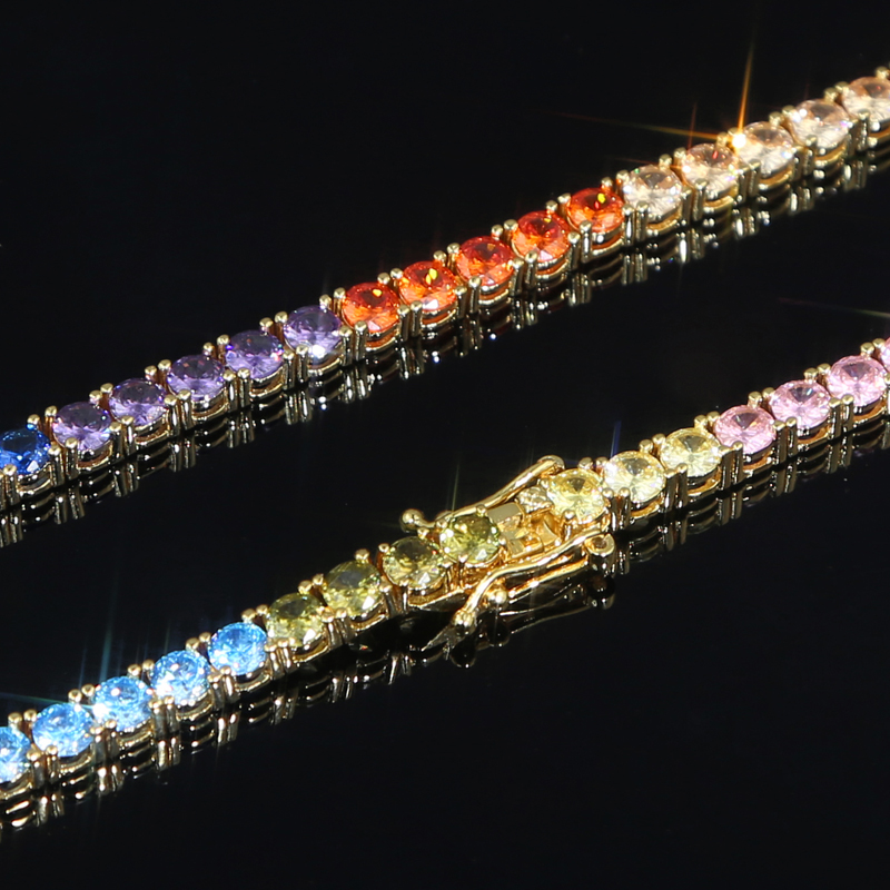 4MM 5A Cubic Zirconia Rainbow CZ Tennis Chain Bracelet Gold Plated Colorful Summer Women Girl Trendy Jewelry
