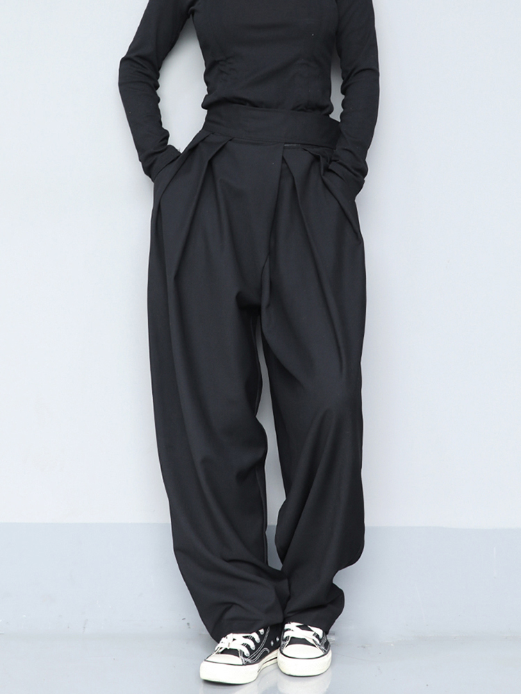 [EAM] High Waist Black Brief Pleated Long Wide Leg Trousers Loose Fit Pant Fashion Spring Autumn 1S399 220325